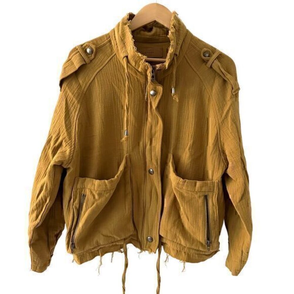 BlankNYC Mustard Yellow Drawstring Zip Button Woven Raw Hem Jacket‎ Size S
